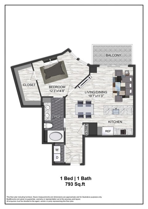 Floor plan for 1 bed, 1 bath, 793 sqft